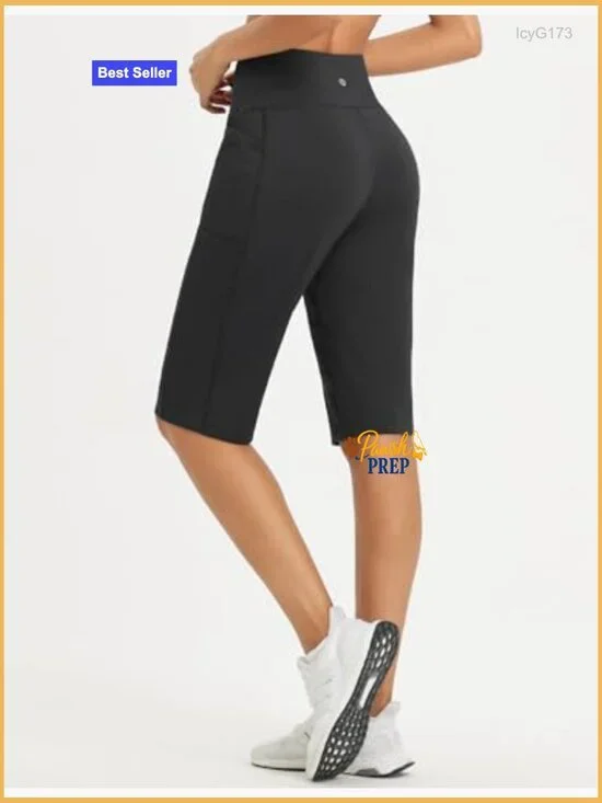 High Waisted Athletic Bermuda Shorts 14" Knee Length with Pockets Stretch - Picture 2 of 7